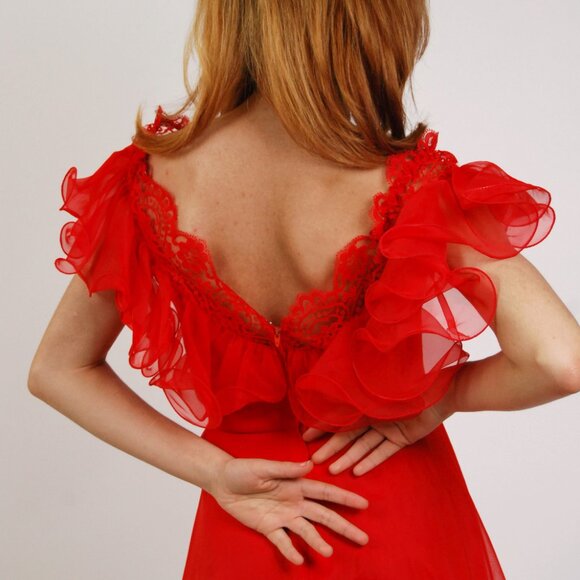 60s Chiffon Gown (XS) vintage red evening dress ruffle prom frilly sheer witch - Picture 7 of 8